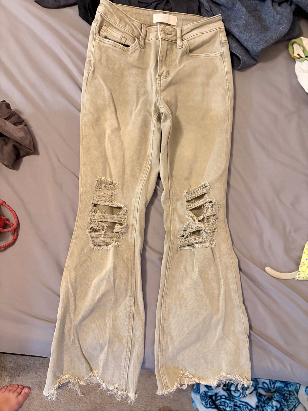 High-Rise Distressed Flare Jeans - Beige